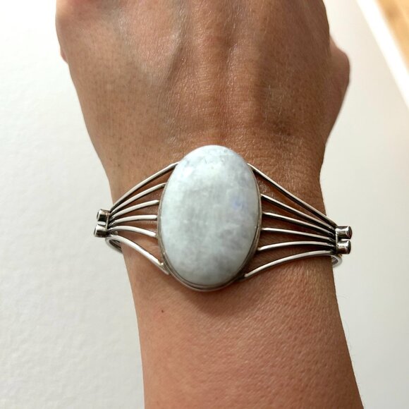 Sterling Silver Wide Bold White Stone Red Garnet Cuff Bracelet Marked 925 - Picture 2 of 14